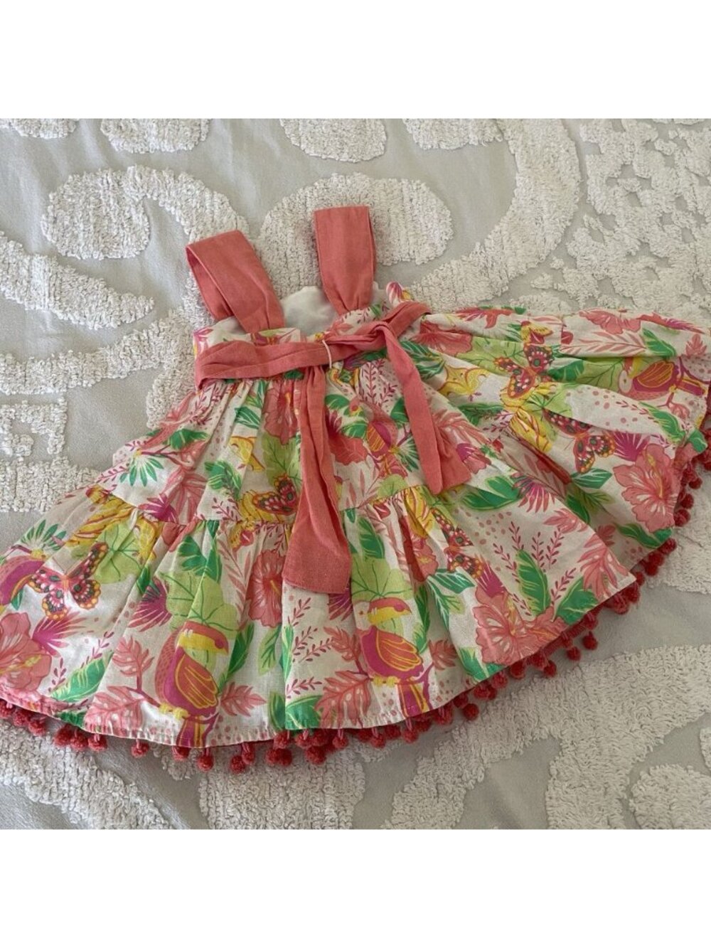NWT Tommy Bahama Pompom Dress Baby Girl 12-18M Tropical Vacation Linen - Picture 2 of 8